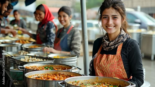 A smiling woman in a refugee camp serves food from large pots, volunteering at a community kitchen to help those in need.