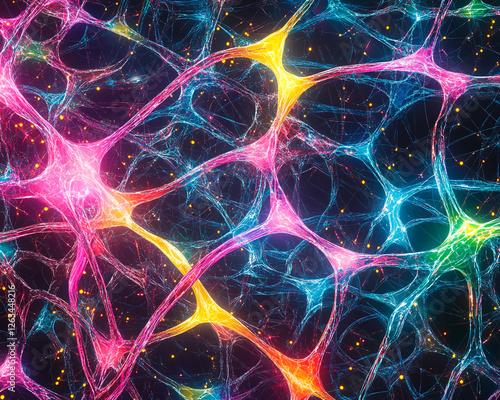 Close-up view of a vibrant, colorful, and interconnected digital network showcasing glowing nodes and threads, representing technology, data flow, and futuristic innovation. photo