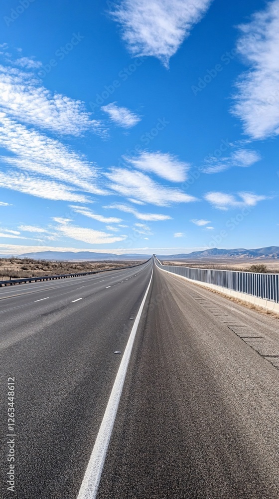 Fototapeta premium Desert highway vanishing point, blue sky, mountains. Travel photo
