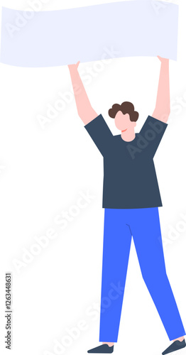 Young man holding a blank banner is participating in a peaceful demonstration for human rights and freedom of speech, political meeting or parade participation