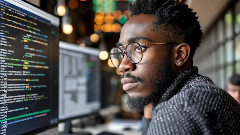 Young man focused on computer programming in a modern workspace with warm lighting and vibrant atmosphere Young man focused on computer programming in a modern workspace with warm lighting and vibrant atmosphere