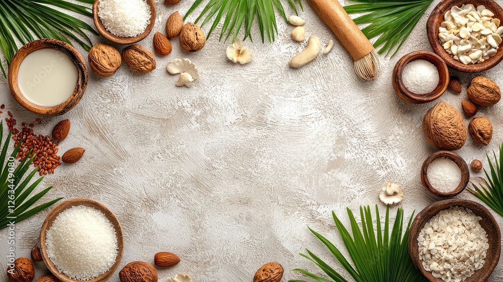 Tropical nuts, grains, and milk frame. Recipe background Tropical nuts, grains, and milk frame. Recipe background