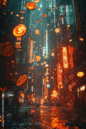Futuristic cyberpunk cityscape with glowing neon signs and floating digital coins, creating a dystopian atmosphere with a blend of technology and finance