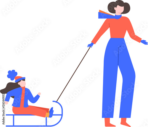 Illustration of a woman pulling a child on a sled. Both are dressed warmly for winter, enjoying outdoor activity. The scene captures the joy and simplicity of winter fun