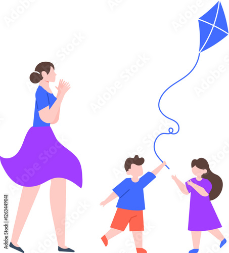 Two joyful children playing with a blue kite while their mother claps her hands, enjoying outdoor leisure time together. Celebrating family moments filled with happiness and love