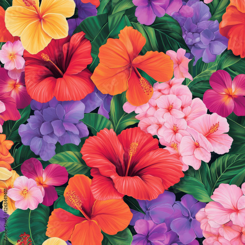 Wallpaper Mural A vibrant, tropical floral illustration with exotic flowers like hibiscus, bougainvillea, and plumeria in bright hues of red, pink, and purple. The bold colors create a lively, energetic atmosphere. Torontodigital.ca