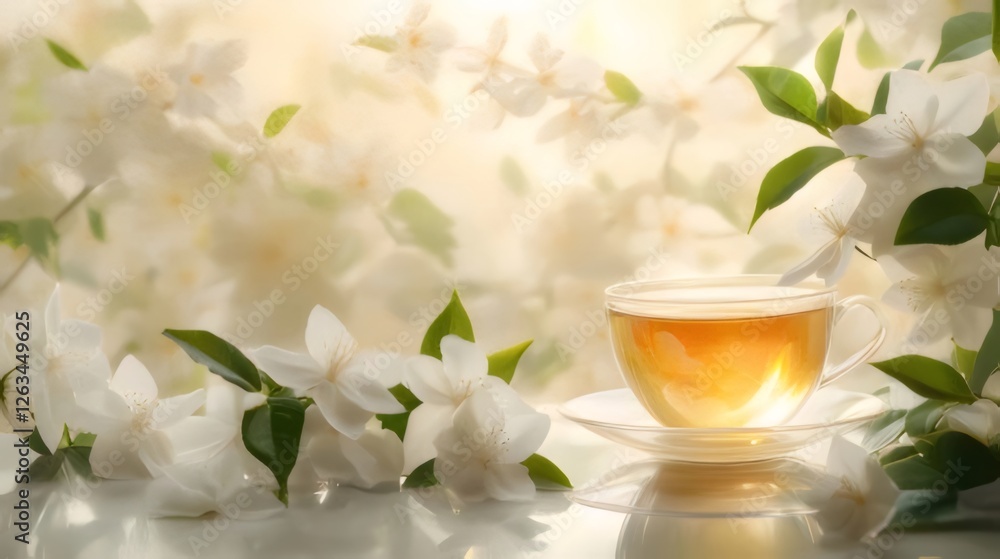Glass cup of tea with white flowers. Glass cup of tea with white flowers.