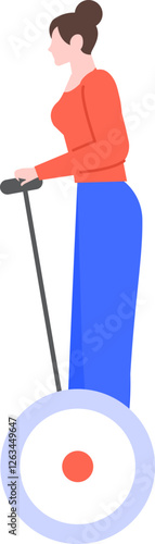 Side view of a young woman riding a self balancing electric unicycle, embracing eco friendly urban mobility while navigating the city streets with innovative transportation technology