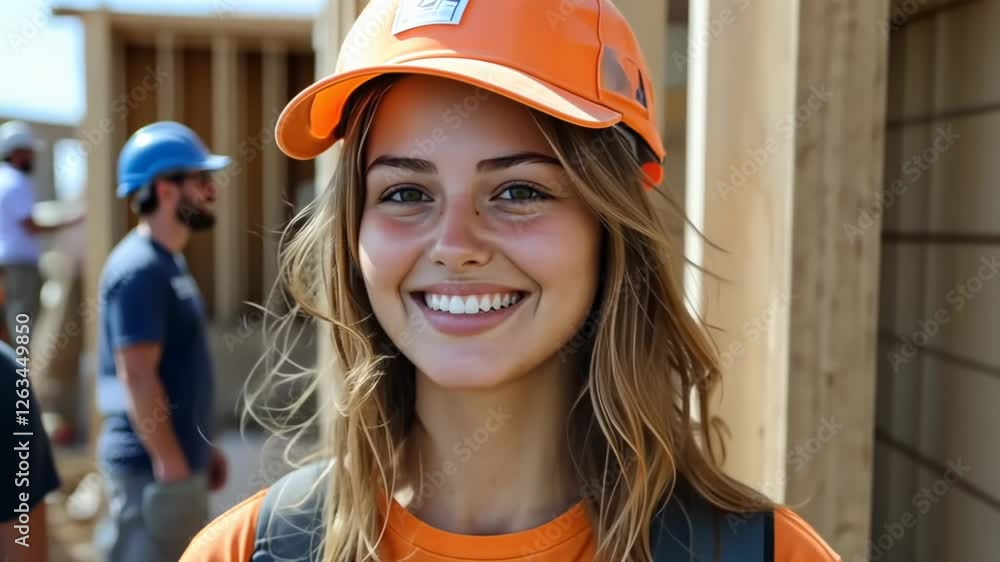 Smiling volunteer at construction site during community project in sunny weather Smiling volunteer at construction site during community project in sunny weather