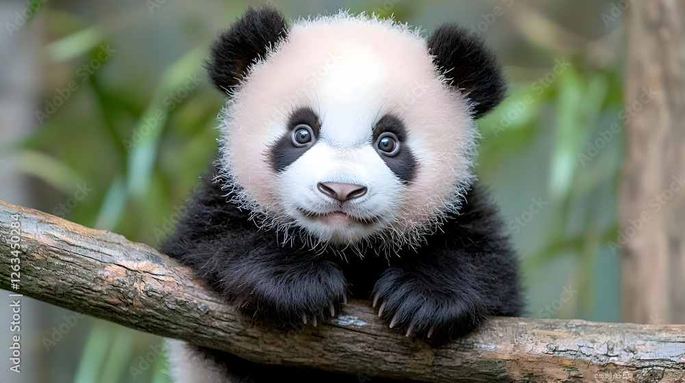 Obraz premium Cute baby panda cub on branch, bamboo forest background, wildlife conservation