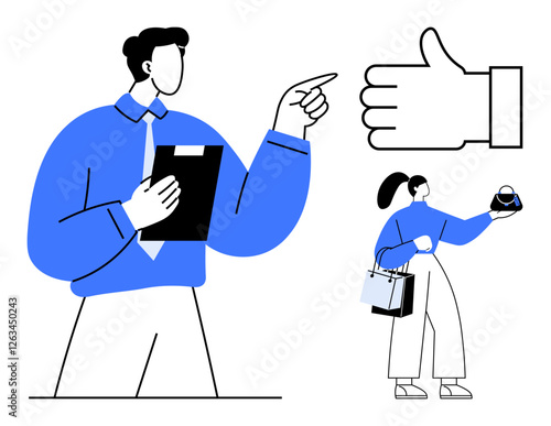 Office worker evaluates a document while a shopper displays a product. Thumbs-up gesture indicates approval. Ideal for business assessment, customer satisfaction, decision-making, approval processes