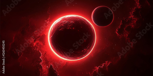 A hyper-realistic depiction of a red dwarf star system, with icy exoplanets bathed in a dim, eerie crimson glow. photo