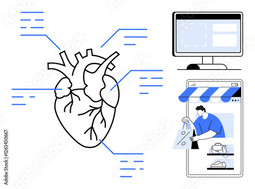 Human heart with data points, computer monitor displaying web design, smartphone with online shopping. Ideal for website development, e-commerce, digital connectivity, health-tech, data analysis