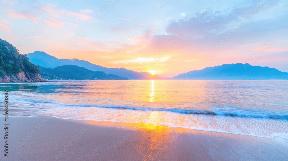 Obraz premium Serene sunrise over coastal mountains, calm waves on sandy beach; travel, vacation backdrop