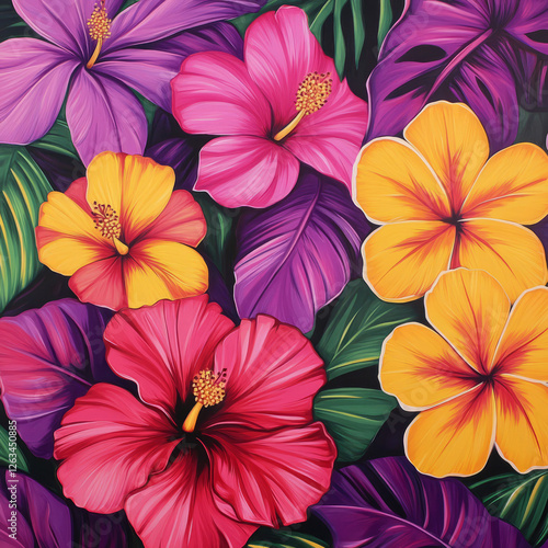 Wallpaper Mural A vibrant, exotic floral illustration with tropical flowers like hibiscus, frangipani, and plumeria in rich shades of purple, pink, and yellow. The bold colors evoke the vibrancy of a tropical island. Torontodigital.ca