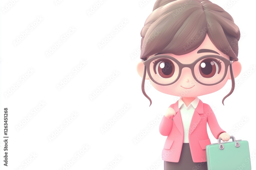 A cute cartoon businesswoman with glasses, holding a briefcase, ready for work. A cute cartoon businesswoman with glasses, holding a briefcase, ready for work.