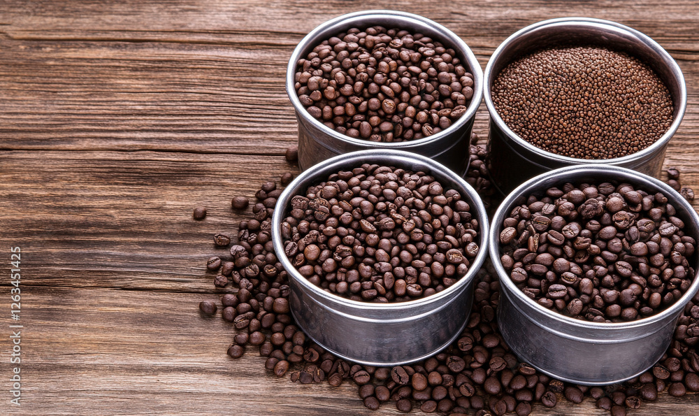 Diverse Selection of Raw Coffee Beans and Seeds in Metal Containers Arranged on Rustic Wooden Table Background for Food and Beverage Themes Diverse Selection of Raw Coffee Beans and Seeds in Metal Containers Arranged on Rustic Wooden Table Background for Food and Beverage Themes