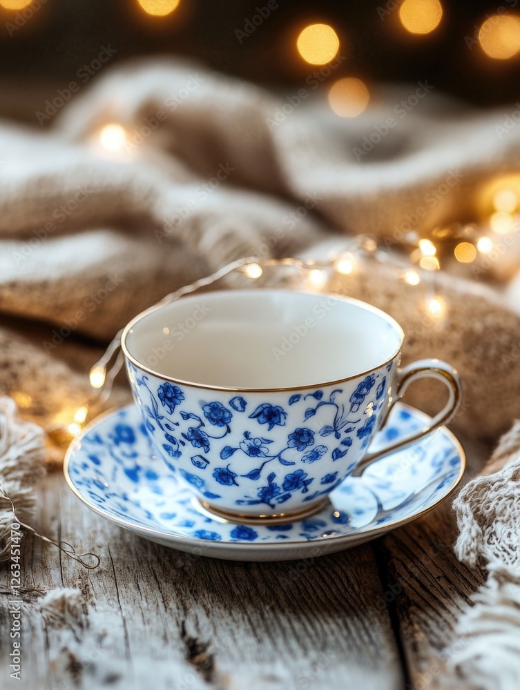 Blue Cup and Saucer on Wooden Table Blue Cup and Saucer on Wooden Table