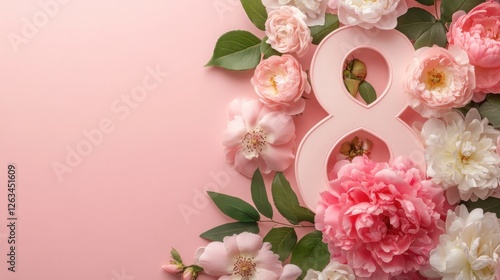 Colorful flowers surround the number eight arranged beautifully on a soft pink backdrop