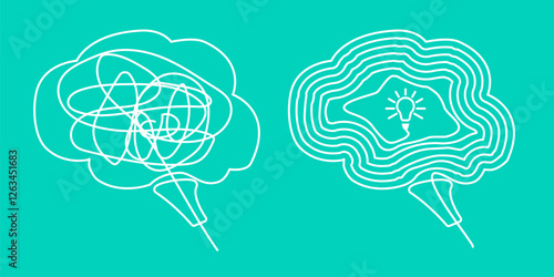 Mental health concept. Chaos, tangle and untangle continuous one line drawing. Brainstorming, mental health, psychology, balance in linear vector illustration. Icon for web design, card, banner, flyer