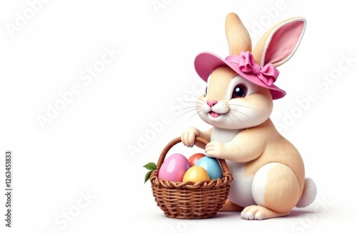This illustration, set against a white background, features an Easter bunny wearing a beautiful hat and holding a basket of elegant Easter eggs