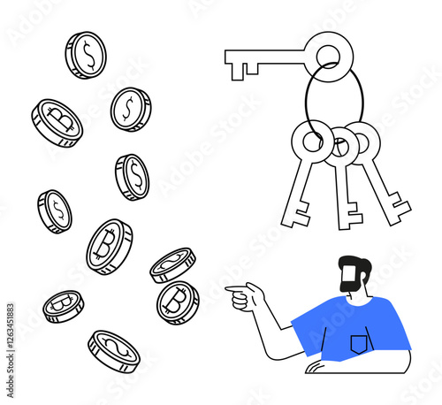 Coins with dollar and bitcoin symbols falling, three keys on a ring, man with beard pointing. Ideal for finance, investment, security, cryptocurrency, digital assets, key management guidance