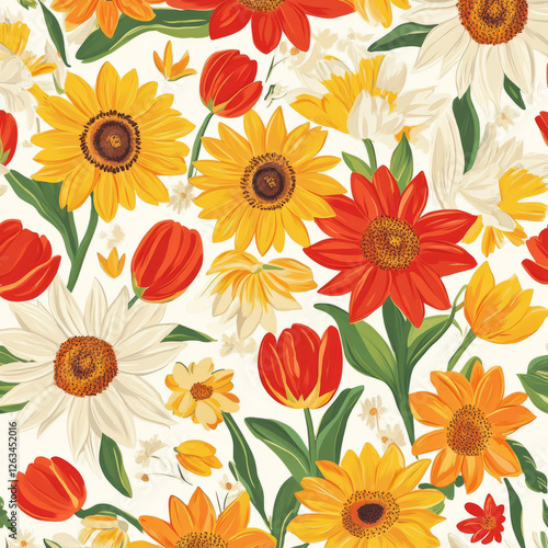Wallpaper Mural A cheerful floral illustration with bright sunflowers, daisies, and tulips in warm tones of yellow, orange, and red. The lively colors create an uplifting and energetic design, ideal for casual Torontodigital.ca