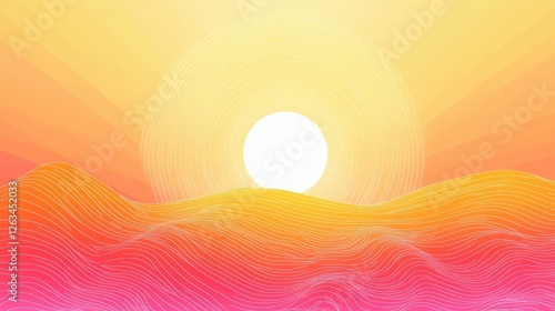 Abstract landscape with sunrise over undulating hills illustration