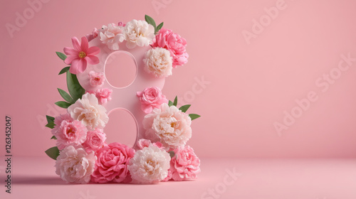 Celebrating women's day with floral arrangements for  number eight on vibrant pink background