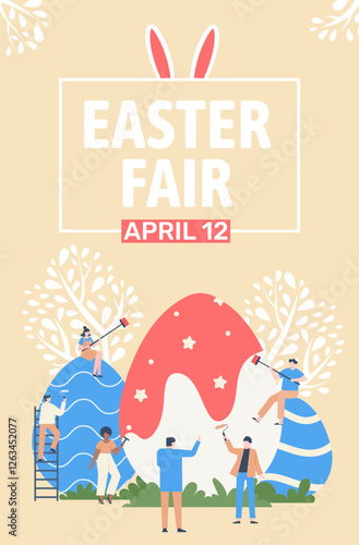 Tiny people painting and decorating giant easter eggs with paint rollers and brushes for easter fair event on april 12, easter celebration poster, spring holiday event