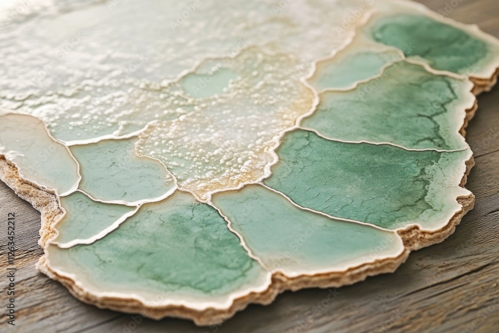 Fototapeta premium Abstract art piece featuring a textured, segmented surface in calming green and beige tones.