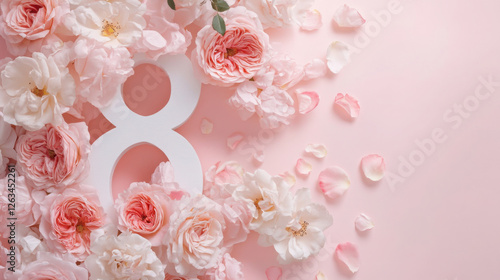 Celebration of International Women's Day with flowers and number eight displayed on pink background