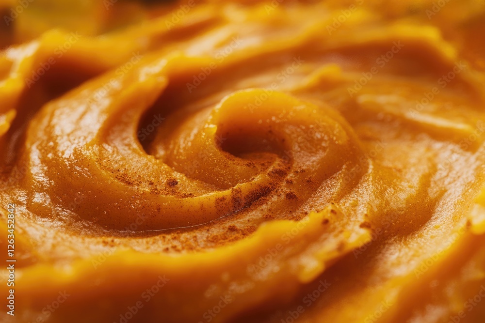 Fototapeta premium Close-up of smooth, spiced pumpkin puree with a swirling texture.