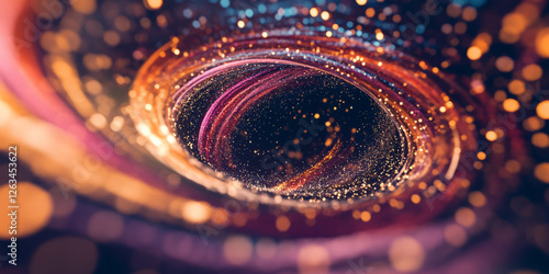 A deep-space energy vortex formed by intertwining streams of red and gold plasma, spinning infinitely in a hypnotic dance.