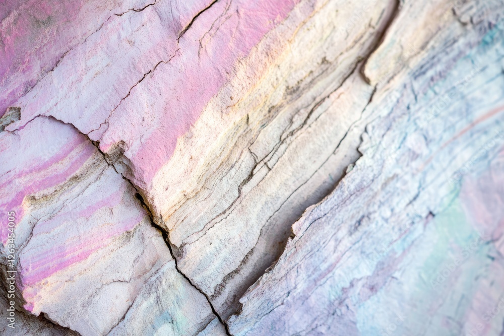 Fototapeta premium Close-up view of a cracked rock surface displaying pastel pink, white, and gray layers.