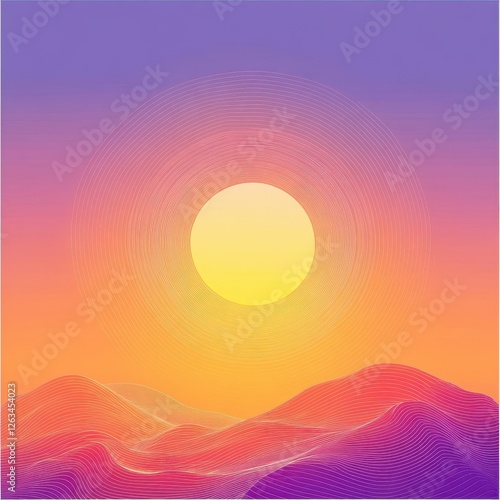 Abstract sun over wireframe mountains with gradient sky