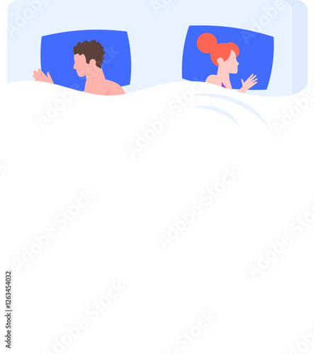 Young couple sleeping back to back in separate beds on blue pillows and under white blanket, depicting relationship problems, separation, and lack of intimacy
