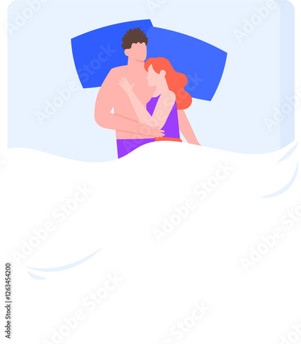 Romantic couple cuddling and sleeping peacefully in bed under a cozy blanket, dreaming together in matching pajamas, creating a serene atmosphere of love and intimacy