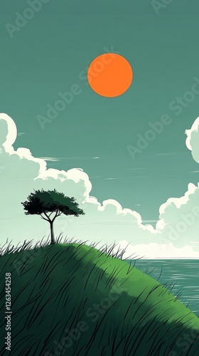 Minimalist Landscape with Green Grass, A Single Tree, and a Vibrant Sun