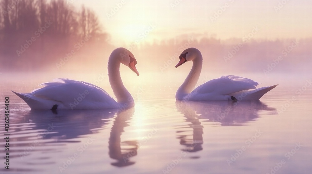 Fototapeta premium Swans Swimming Gracefully in a Still Lake