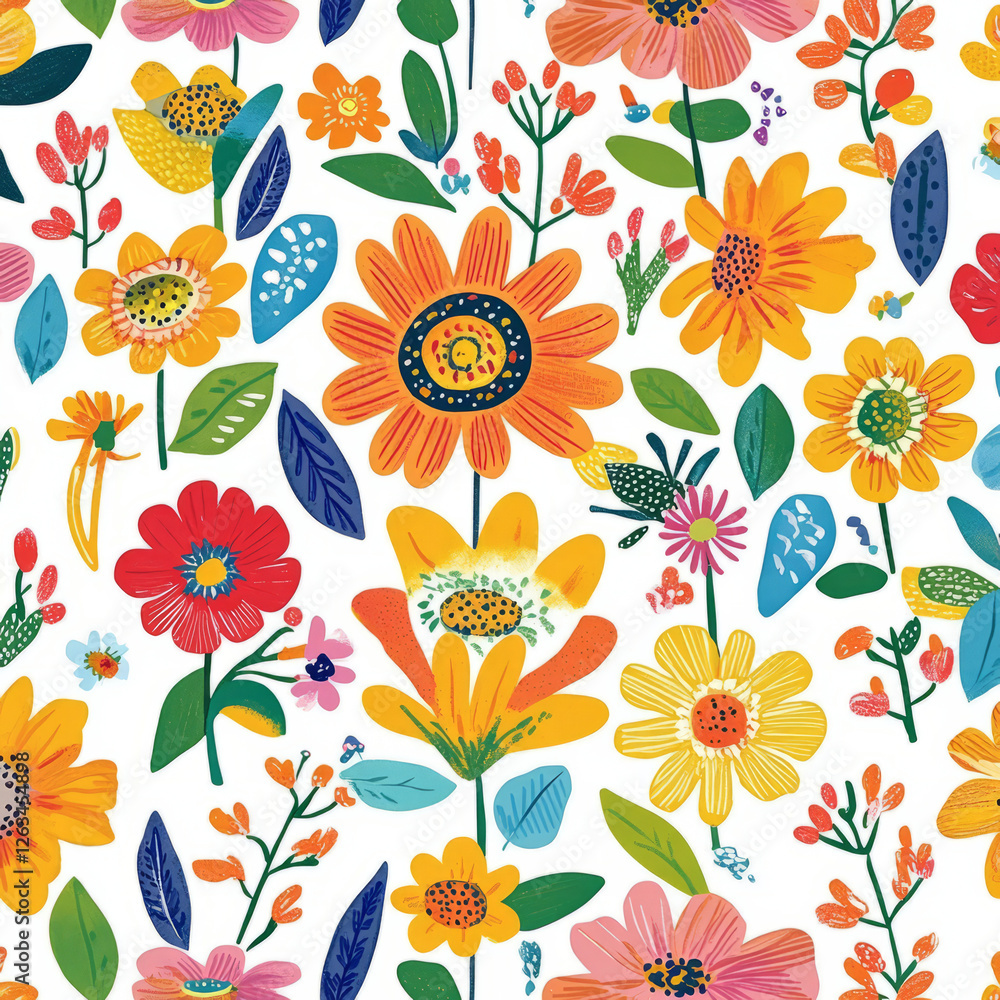 A whimsical floral illustration with playful, hand-drawn flowers like sunflowers, poppies, and daffodils in bright, bold colors. The cheerful design is perfect for children's projects or fun decor.