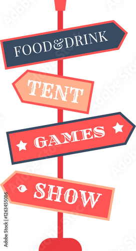 Colorful signpost is showing directions to food and drink, tent, games and show locations at a festival, fair or circus, vector illustration