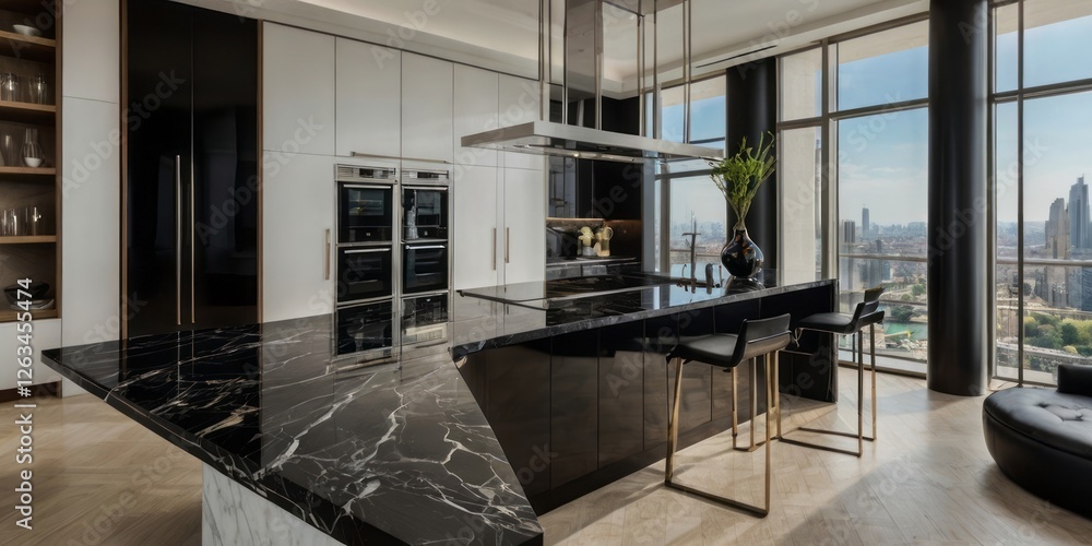 Fototapeta premium Modern Luxury Kitchen with Stunning City View