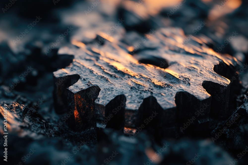 A close-up of a metallic gear resting on dark, rough terrain, illuminated by warm light. A close-up of a metallic gear resting on dark, rough terrain, illuminated by warm light.