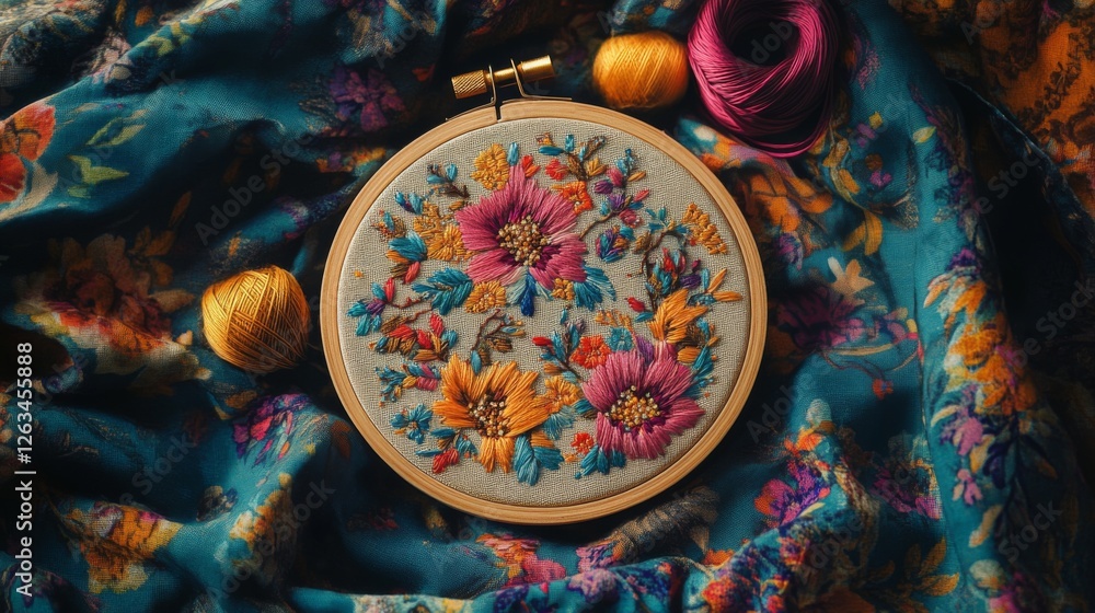 Fototapeta premium DIY Embroidery Project with a Hoop and Colorful Threads