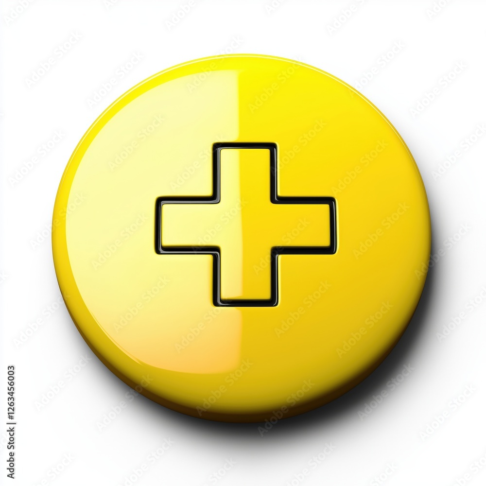 Fototapeta premium Yellow circular button with embossed black cross symbol against a white background.