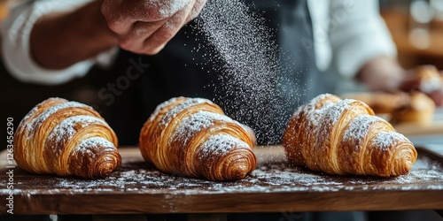 Baker dusting sugar on chocolate croissants in bakery