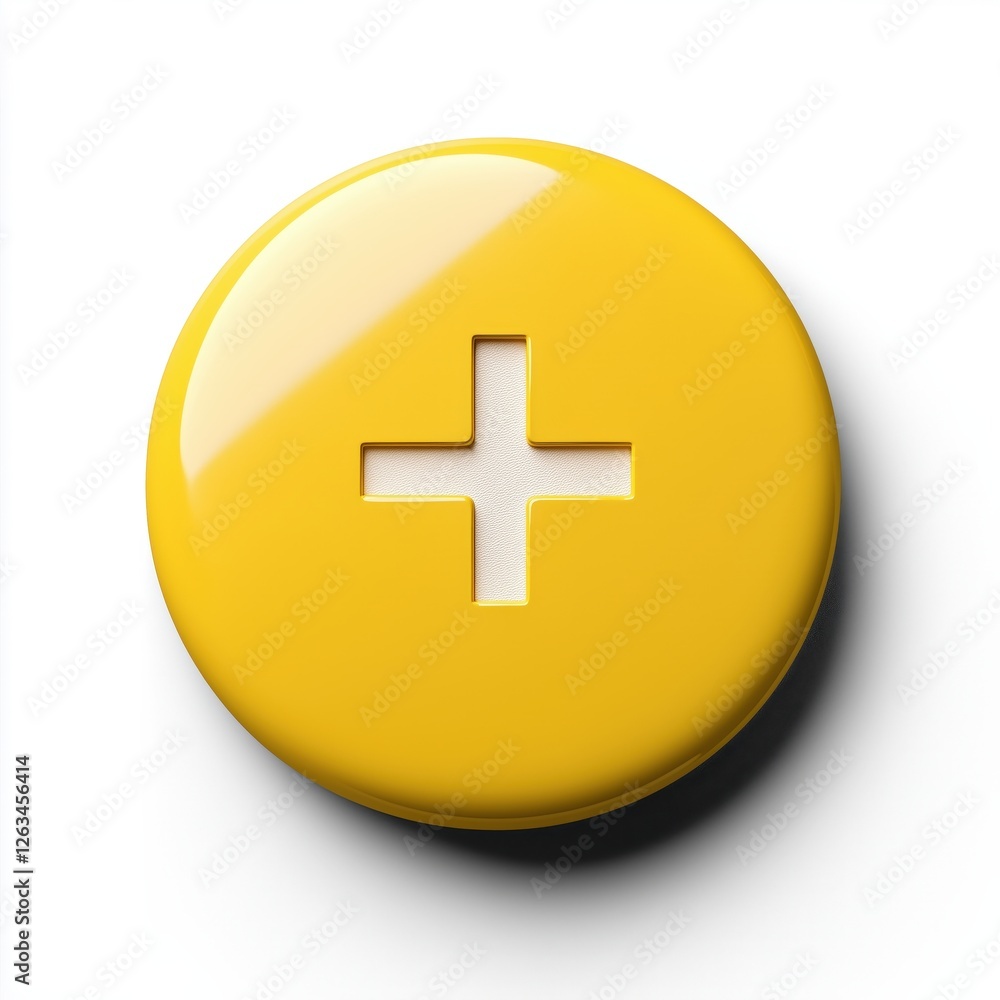 Fototapeta premium A bright yellow button with a raised plus symbol on a white background.