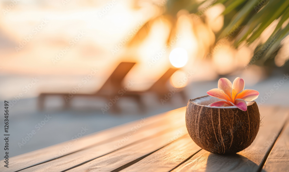 Experience Tranquility at the Beach: A Serene Coconut Drink Surrounded by Tropical Beauty at Sunset Experience Tranquility at the Beach: A Serene Coconut Drink Surrounded by Tropical Beauty at Sunset