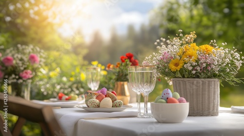 Wallpaper Mural elegant Easter brunch table set outdoors in a garden, with fresh flowers, golden accents, and colorful egg decorations under a sunny sky Torontodigital.ca